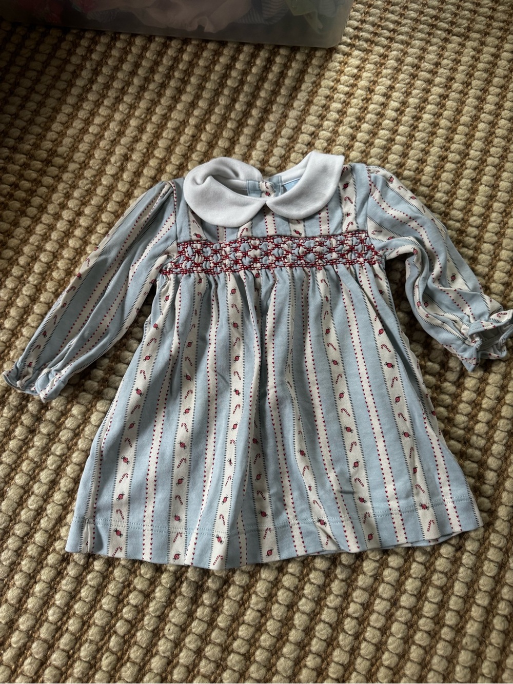 bella bliss Light Blue & White Striped Smocked Infant Dress with Red Candy Canes